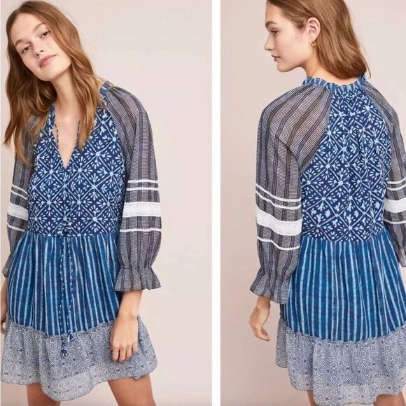Hemant & Nandita Printed Mini Dress Blue Mixed Print Size M - Picture 1 of 6